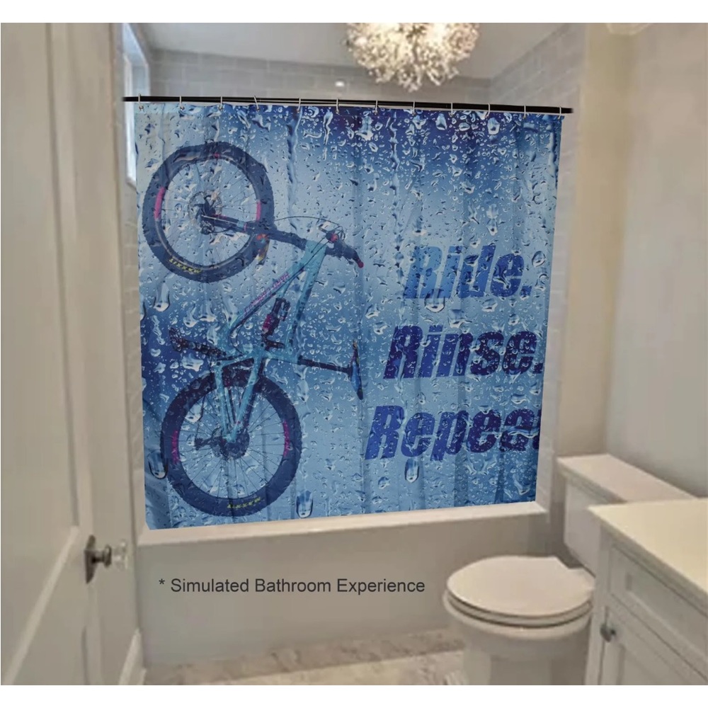 Mountain Bike shower curtain 70X70 "Ride, Rinse, Repeat!" Polyester w/rings